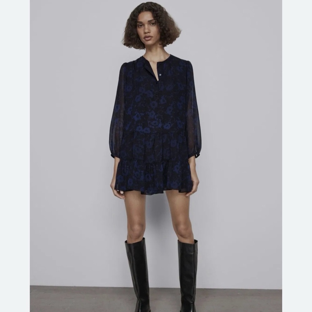 ZARA - WOMEN’S TIERED FLORAL TEXTURED LONG SLEEVE MINI DRESS - SIZE XS